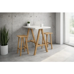 Zestaw Barowo - Jadalniany Nogi z Drewna Litego Dębowego , Blat Biały Płyta MDF Stół + 2 Taborety Model  ZETS-29